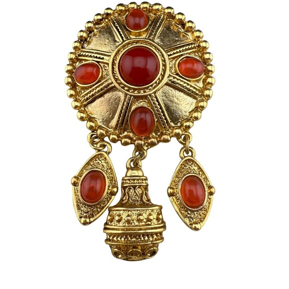 Vintage Gold Tone Brooch With Dangling Ornate Red Cabochons & Intricate Details - Picture 1 of 5